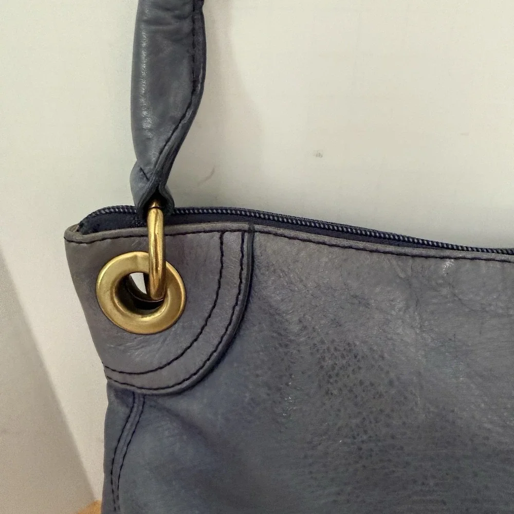 Fossil Dusty Blue Leather Handbag Zip Convertable Crossbody Shoulder Satchel Bag